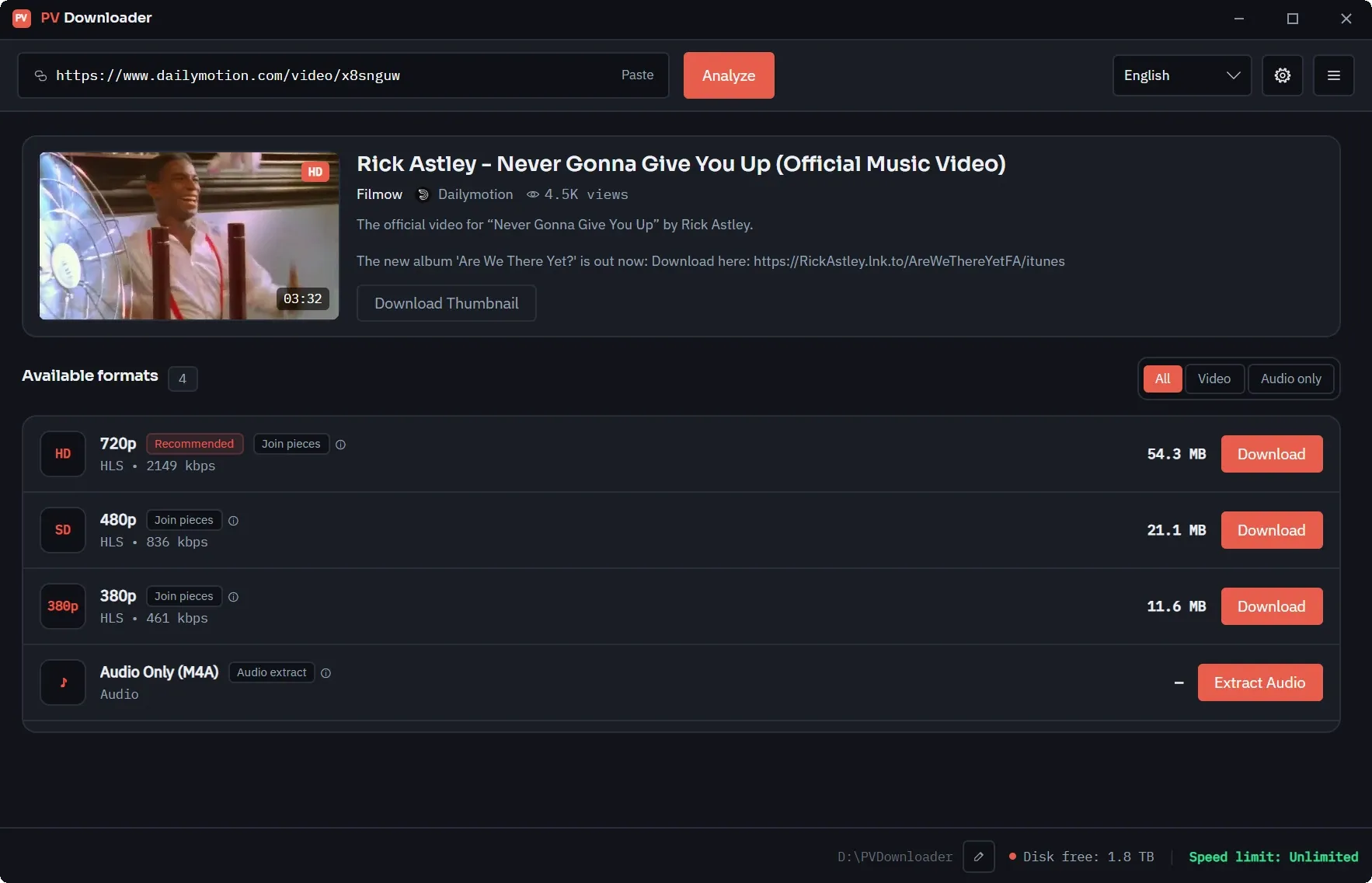 The pvdownloader window with a Dailymotion link analysed, showing the preview card and the available formats.