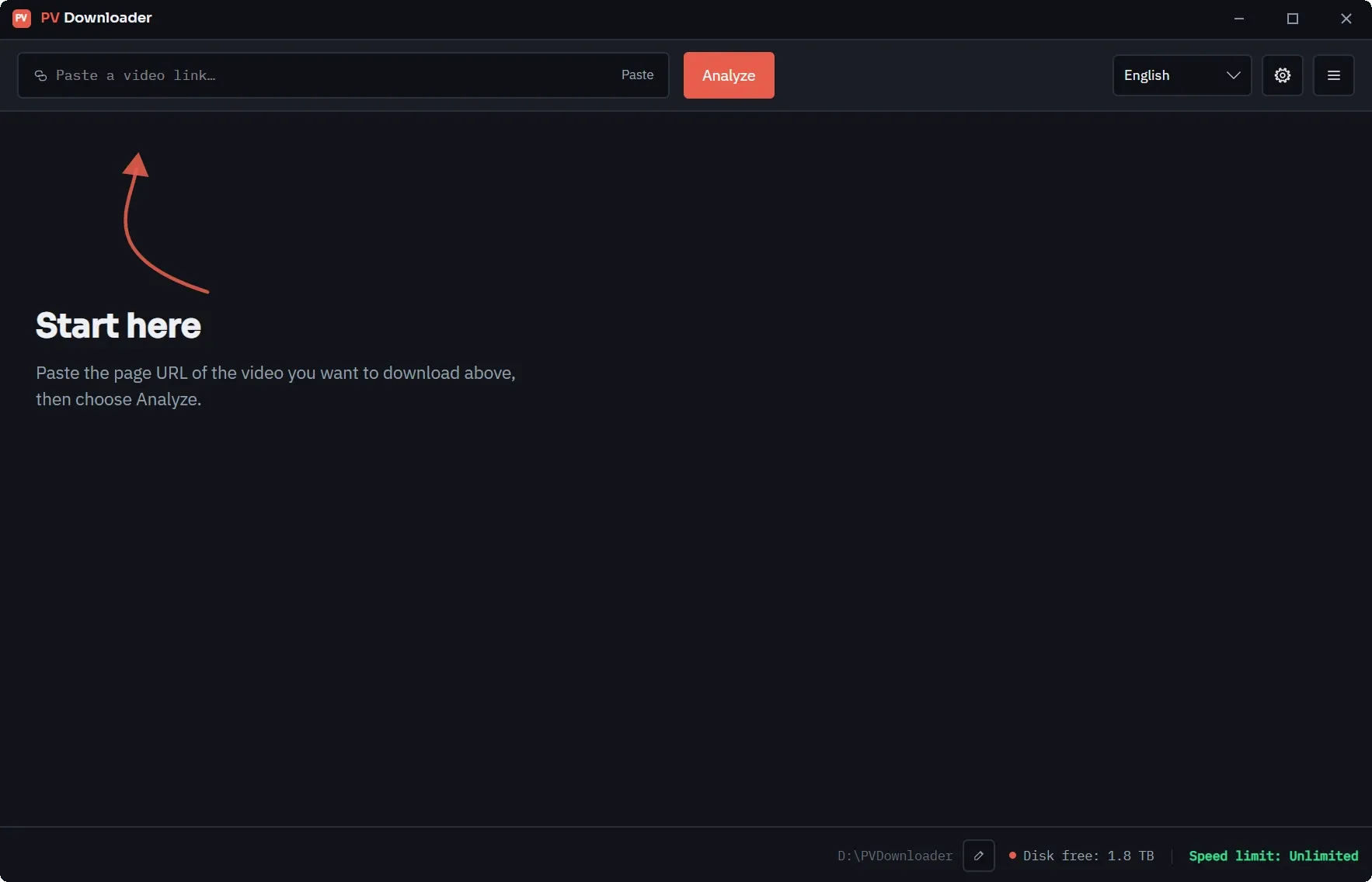 The pvdownloader main window in dark mode: an empty URL field, with the "Start here" hint pointing at it and the download folder shown in the status bar.