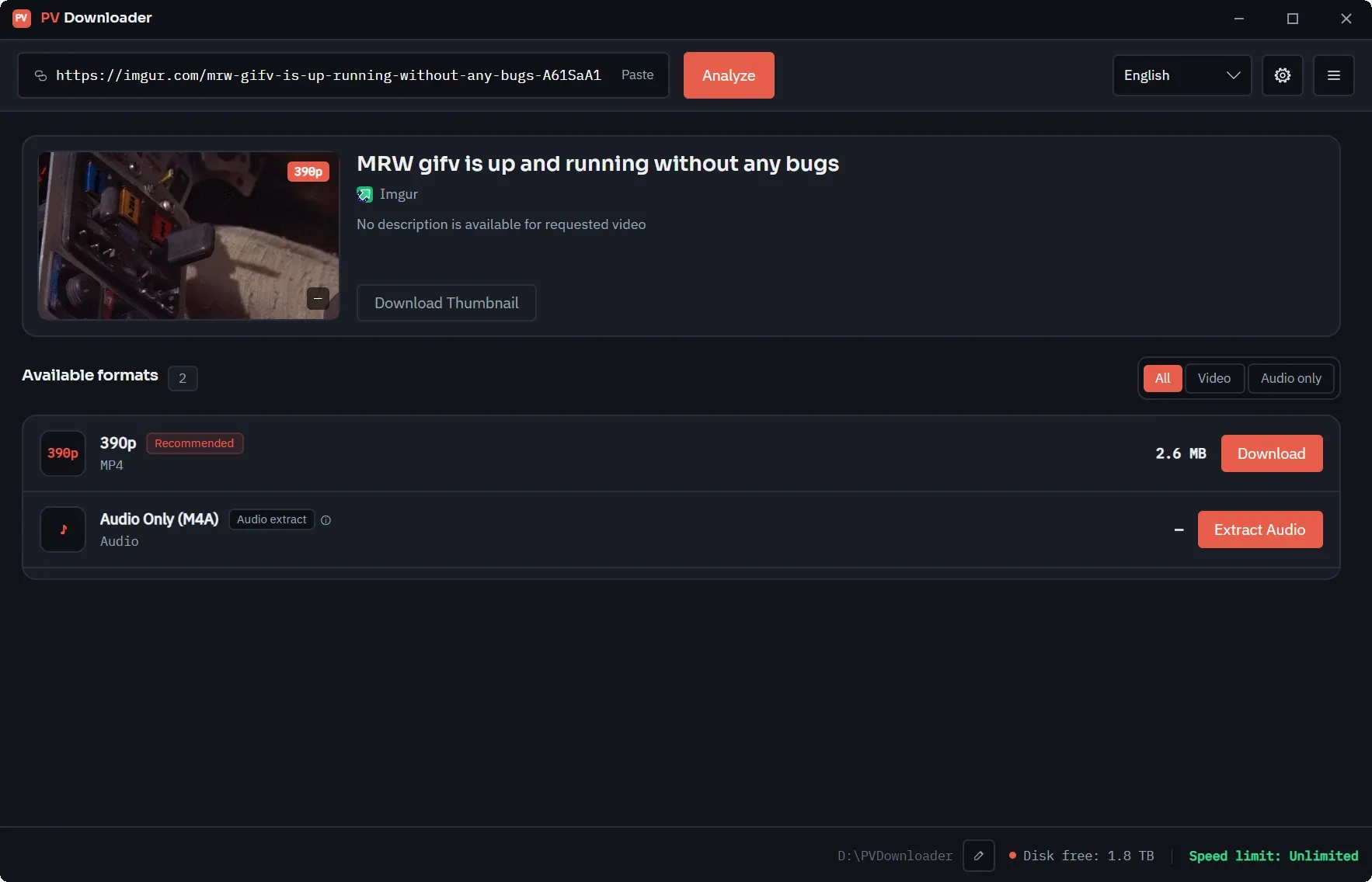 The pvdownloader window with an Imgur link analysed, showing the media preview and the available formats.
