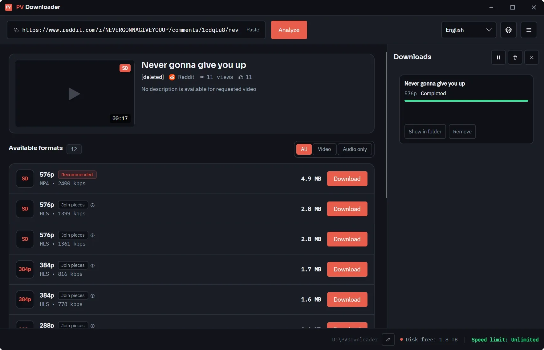 The pvdownloader window with a Reddit link analysed and its download finished.