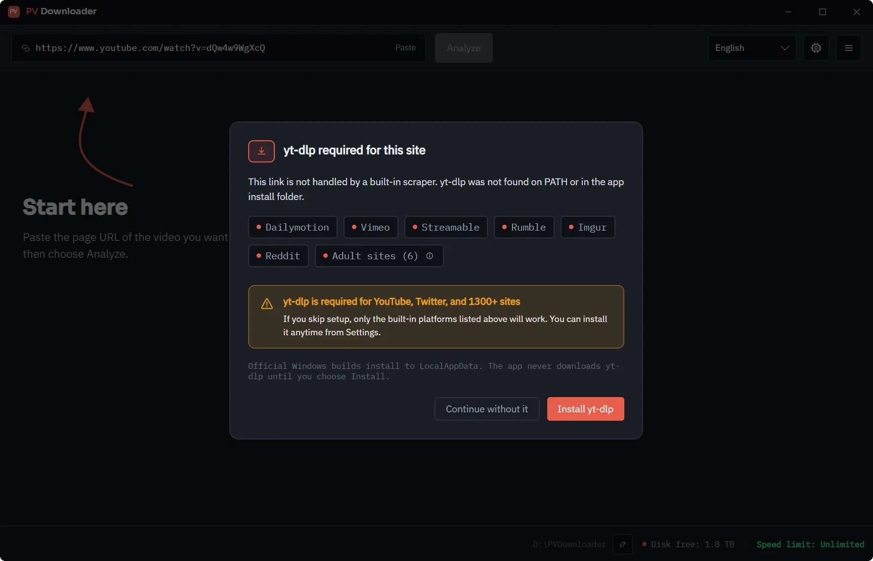 The first-run yt-dlp setup dialog in pvdownloader. It lists the platforms that work without it, explains that YouTube and 1,300+ other sites need yt-dlp, and offers "Install yt-dlp" or "Continue without it".