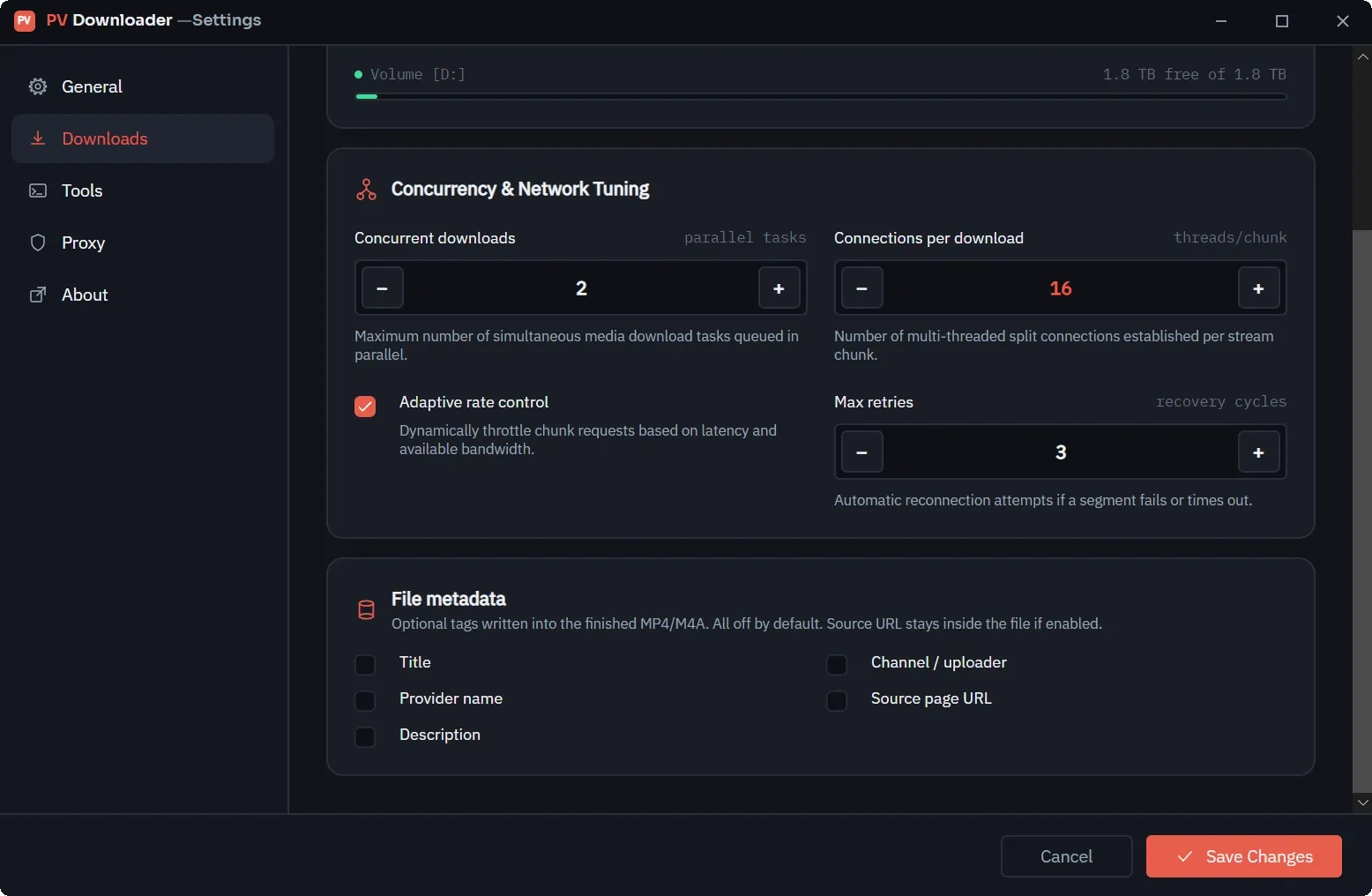 The Downloads tab of the pvdownloader settings window: concurrent downloads, connections per download, adaptive rate control and retry limits, above the optional file metadata tags.