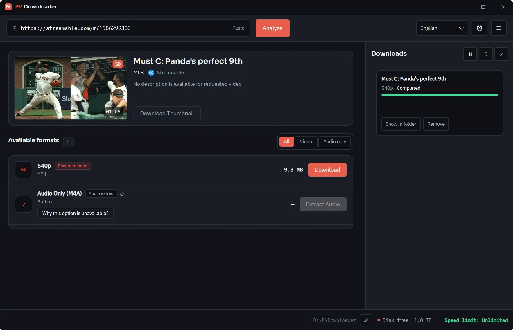 The pvdownloader window with a Streamable link analysed and its download finished.