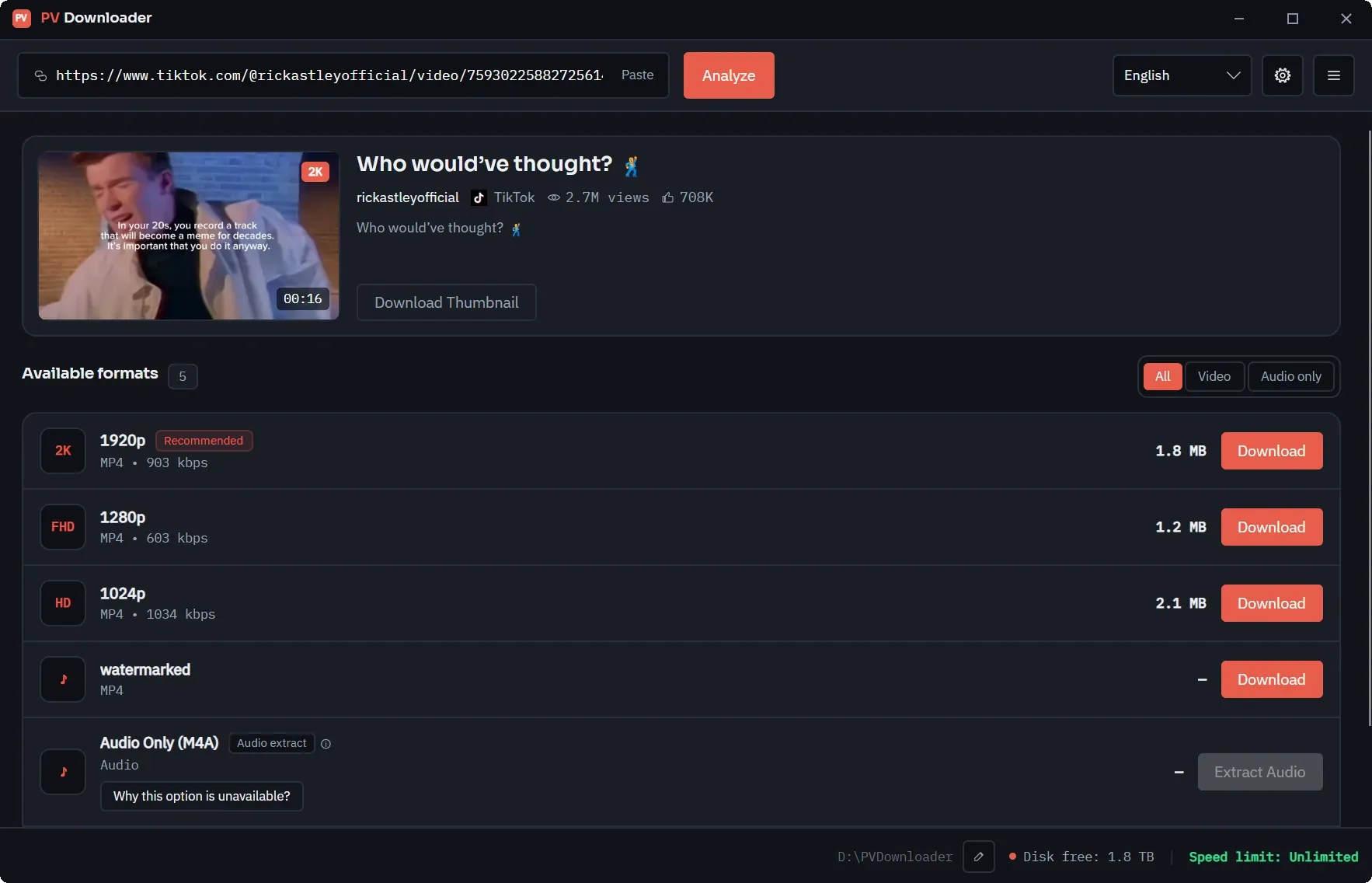 The pvdownloader window with a TikTok link analysed, showing the preview and the available formats.