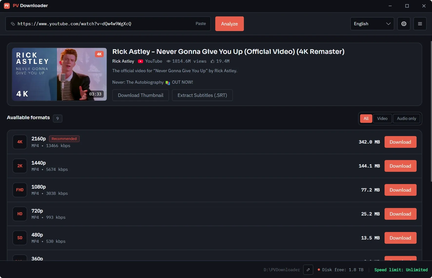 The pvdownloader main window: a pasted YouTube URL, a preview card with the video title, channel and view count, and the list of available formats from 4K down to 480p.